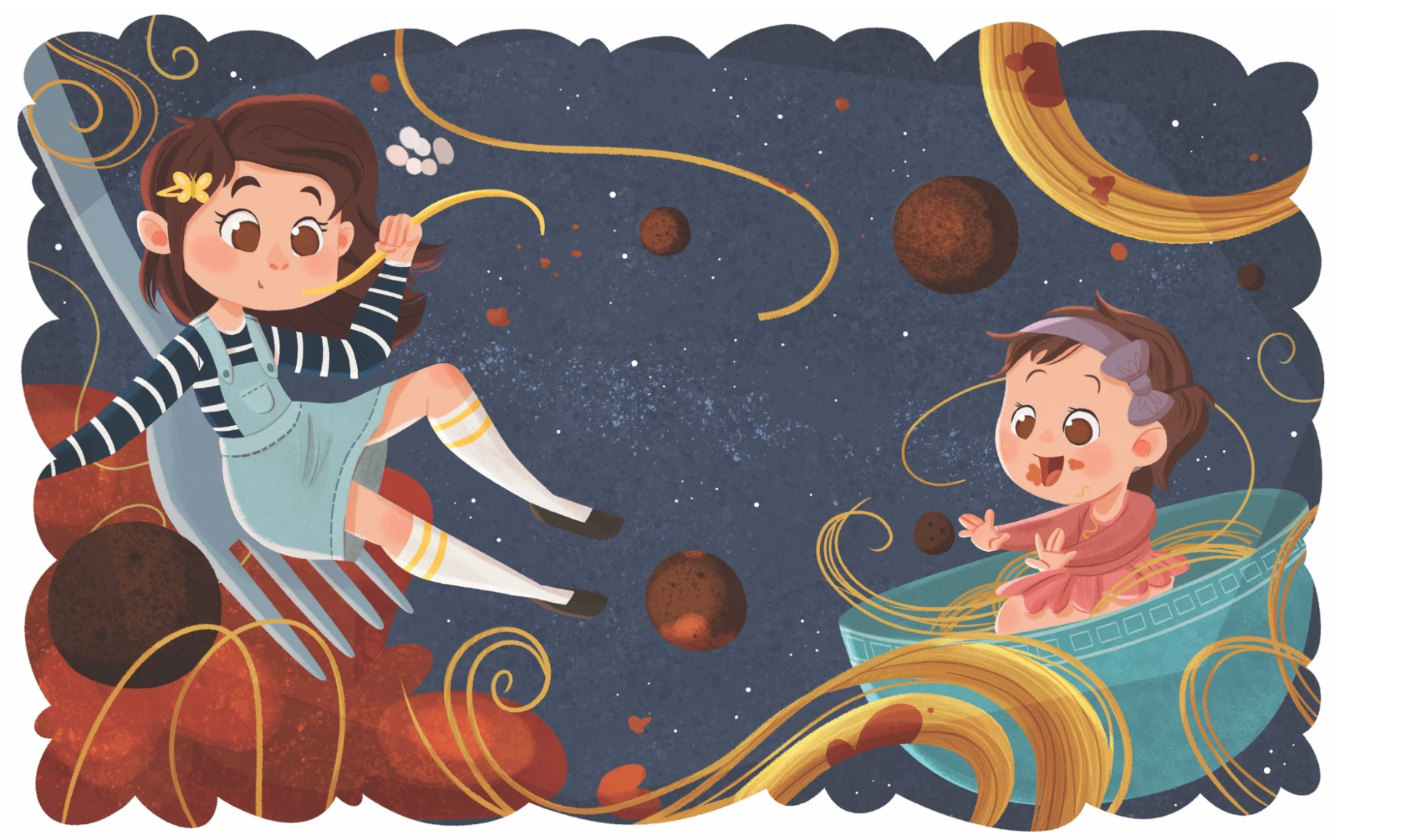 A girl surfing through space on a giant fork of glowing spaghetti