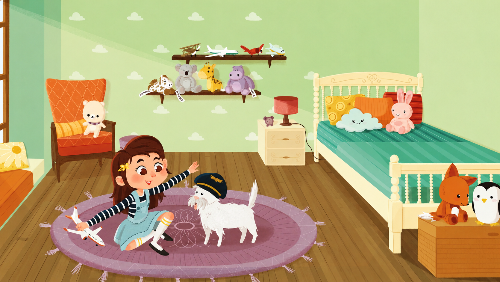 Lilly Esther's bedroom with toys, a dog, and books